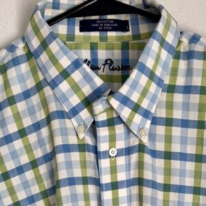 Allen Flusser‎ Mens 2XL Long Sleeve Button Down Shirt Plaid Checkered Blue Green